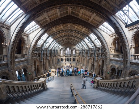 LONDON - JUNE 14, 2015 : People at the Top of a Staircase at the Natural History Museum in London on June 14, 2015. Unidentified people.