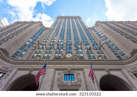 NEW YORK, USA - JUNE 14, 2014: The Helmsley Building in New York, NY. The 35-story building is the tallest in the Grand Central Terminal Complex and was designated a city landmark in 1987.