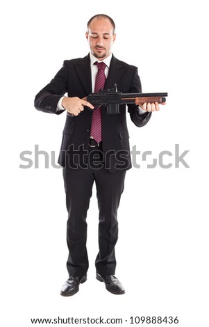 A Businessman Standing And Holding A Shotgun Stock Photo 109888436 ...