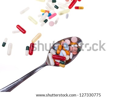 A lot of colored pills and tabs with a spoon over a white background