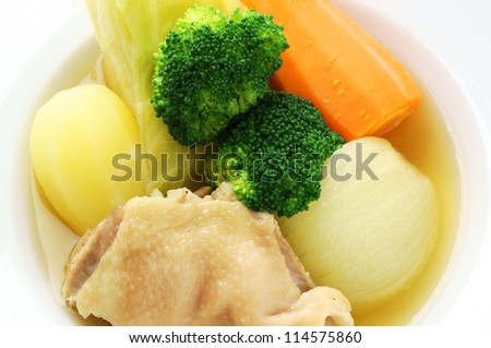 The French food pot-au-feu, chicken and vegetable