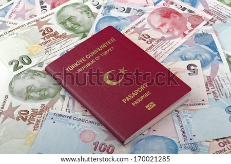 Turkish Passport with Turkish Liras Background , TURKEY