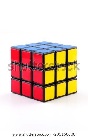 ISTANBUL- TURKEY - JULY 13, 2014: Rubik\'s cube on the white background. Rubik\'s Cube on a white background. Rubik\'s Cube invented by a Hungarian architect Erno Rubik in 1974.