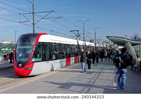 ISTANBUL - DECEMBER 20: A modern tram on Sirkeci on December 20, 2014 in Istanbul. Due to increasing traffic & air pollution, Istanbul became one of most polluted city also planned for return of tram.