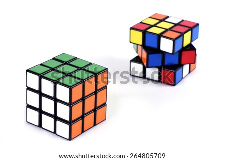 ISTANBUL- TURKEY - FEBRUARY 17, 2015: Variation of the Rubik\'s cube on a white background. Rubik\'s Cube invented by a Hungarian architect Erno Rubik in 1974.