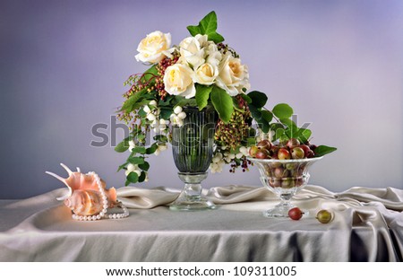 Still life with white roses  and fresh gooseberry