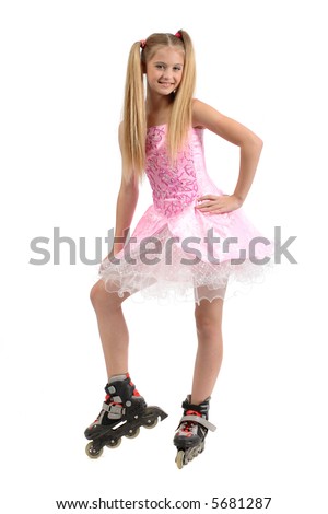 A view of a cute blond adolescent girl wearing a pretty pink and white party dress and roller blades, isolated on a white background.