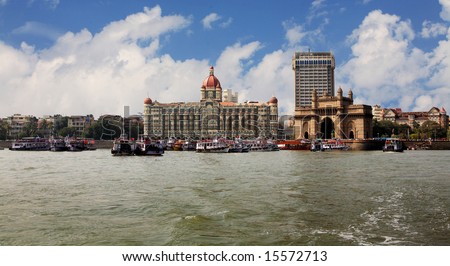 landmark of India, Mumbai, India gate end the Victorian style on coast of the Bombay gulf. India. Bombay