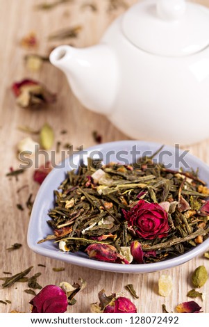 Green tea with fruits, spices, rose petals and bamboo leaves