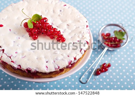 Meringue red currant cake on blue napkin
