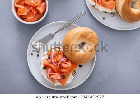 Similar – Image, Stock Photo Delicious salmon bagel on plate in kitchen