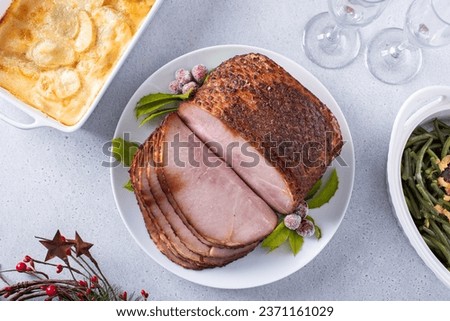 Similar – Image, Stock Photo Preparing a ham salad with rice to take away. The containers used are compostable.