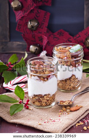 Gingerbread granola parfait with yogurt and crushed candy cane