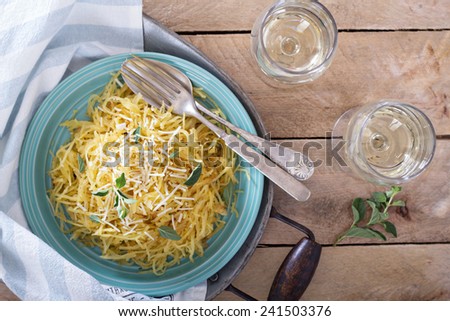 Spaghetti squash with herbs and parmesan top view