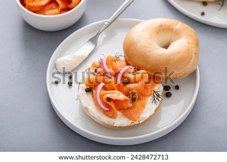 Similar – Image, Stock Photo Delicious salmon bagel on plate in kitchen