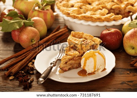 Similar – Image, Stock Photo Apple pie with ice cream and cup of coffee. Top view of apple tart slice