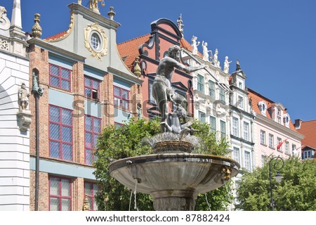 Famous cities in  Poland - Gdansk - Danzig. Port city at Baltic sea - Gdansk. Monuments in old town.Statue of Neptun.