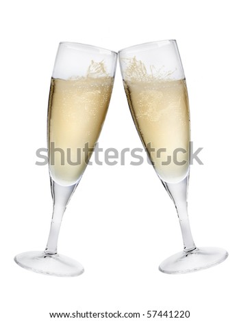 Champagne flutes making a toast isolated on white background with splashes