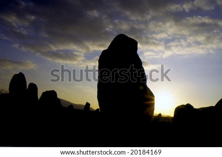 Stone circle sen at sunset in Orkney Islands, Scotland.