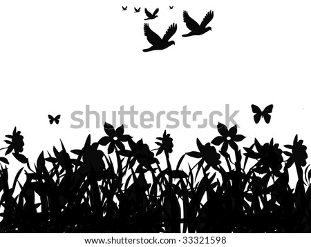 Silhouette Of Butterflies And Flock Of Birds Flying Over Field Of ...