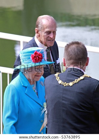 SCARBOROUGH, ENGLAND - MAY 20: Her Royal Highness Queen Elizabeth II, Prince Phillip Duke of Edinburgh and local mayor Bill Chatt at opening of Royal Open Air Theater, Scarborough, North Yorkshire, England, 20th May 2010.