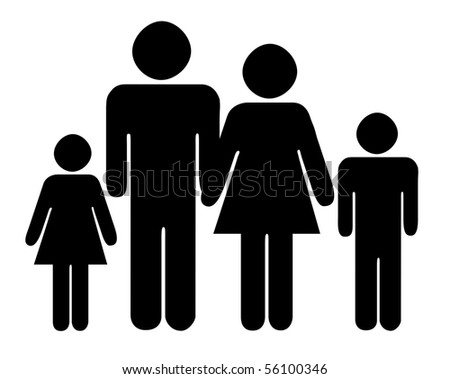 Black Silhouette Of Traditional Family With Two Children, Isolated On ...