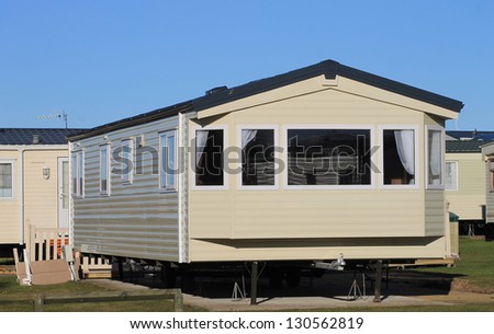 Exterior of modern mobile home on caravan park, Scarborough, England.