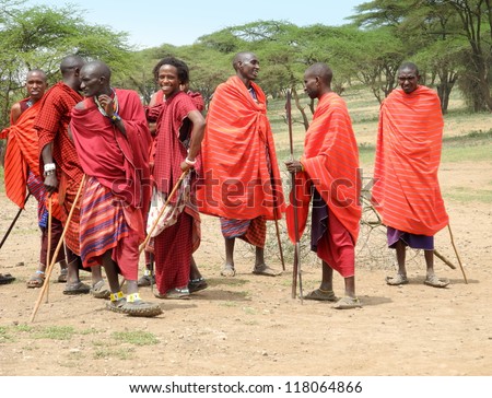 SERENGETI, TANZANIA, JANUARY 10, 2012 - Portrait of unidentified Masai men on January 10, 2012 in Serengeti, Tanzania. Masai are an ethnic group of semi-nomadic people in Kenya and Tanzania.