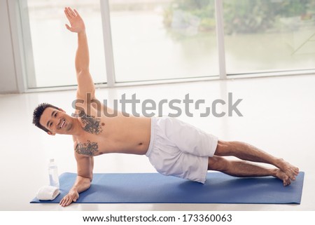 Similar – Image, Stock Photo Shirtless man doing yoga on terrace