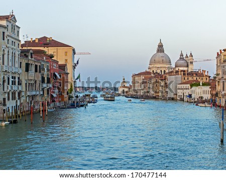 Venice, Italy, June 21, 2012 . View of the Grand Canal in the early evening. Grand Canal is the main thoroughfare in Venice