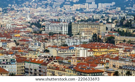 Nice, France, on October 16, 2012. A view of the city from Shatto\'s hill. Red roofs of the old city