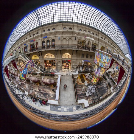 Moscow, Russia, on January 20, 2014. Complete circular fisheye view of the trading floor of GUM shop. The GUM is historical sight of Moscow and the recognized center of shopping