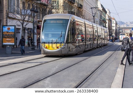 Nice, France, on March 13, 2015. The high-speed tram goes down the street Jean Madsen