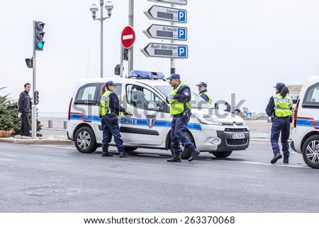 Nice, France, on March 14, 2015. Police patrol on the embankment