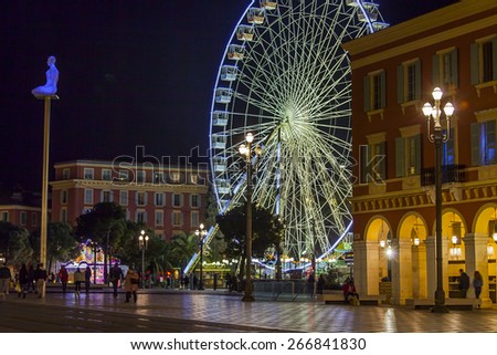 Nice, France, on March 14, 2015. City landscape. Architectural complex of Massena Square in the night