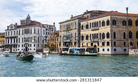 VENICE, ITALY - on APRIL 30, 2015. Skyline of ancient buildings on the bank of the Grand channel (Canal Grande). The grand channel is the main transport artery of Venice and its most known channel