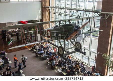VENICE, ITALY, on MAY 5, 2015. Marco Polo\'s airport, hall of departures. Passengers expect the announcement of the beginning a boarding into the plane