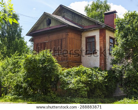 PUSHKINO, RUSSIA - on JUNE 18, 2015. An architectural fragment of the old shabby house preparing for demolition