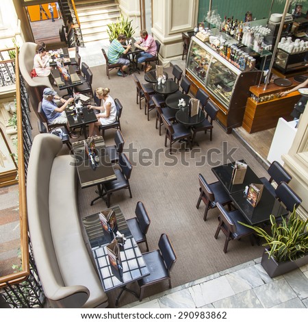 MOSCOW, RUSSIA, on JUNE 24, 2015. An interior of a trading floor of the GUM historical shop during summer sales. Cafe in trade gallery