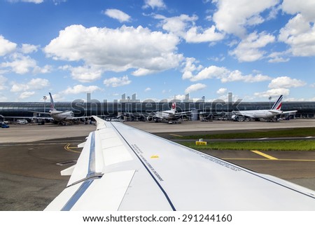 PARIS, FRANCE - on MAY 5, 2015. International airport Charles de Gaulle. A view from the window of the flying-up plane