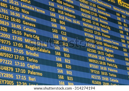 ROME, ITALY, on AUGUST 25, 2015. Fyumichino\'s airport, a board with the schedule of departures and arrivals of the plane.