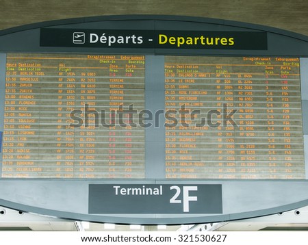 PARIS, FRANCE - on SEPTEMBER 1, 2015. International airport Charles de Gaulle. Schedule of departure and arrival of planes