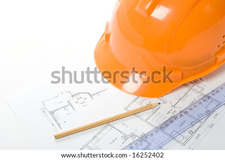 orange helmet, pencil, ruler and blueprint, building engineering concept, horizontal orientation