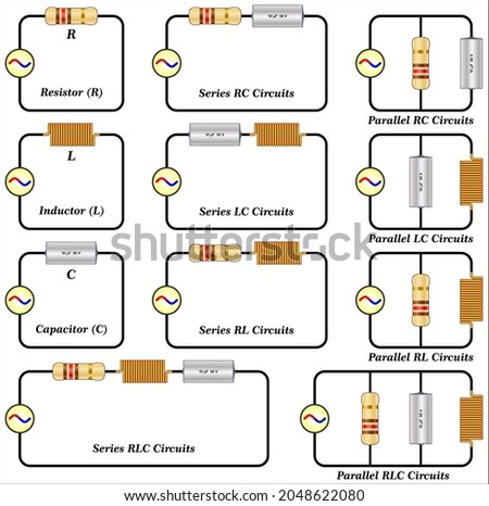 Different types of electric circuits (RC, RL and RLC Circuits connected in series or in parallel)