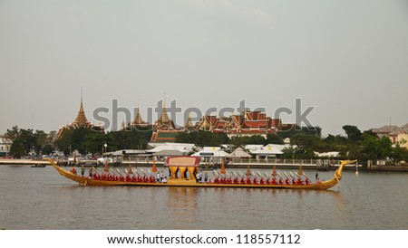 BANGKOK THAILAND - NOV 2,2012: the water-born  Royal  Kathin  Procession  will  consist  of  a  52 traditional style barges arranged in  5 columns on November 2,2012 at  Bangkok  Thailand