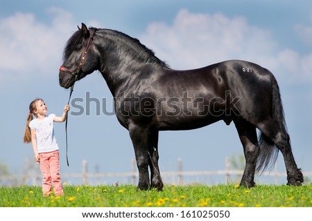 Child and big black horse in pasture.