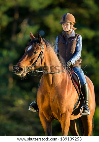Young woman riding a horse, horse riding back.