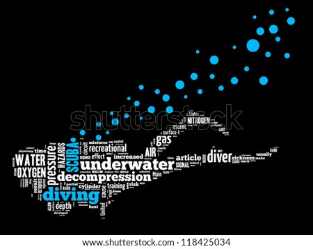 Scuba diving info-text graphics arrangement concept composed in diver shape on black background