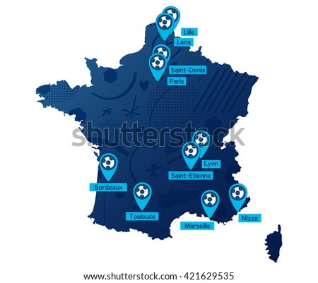 France soccer map 2016. Flat Vector Icon.