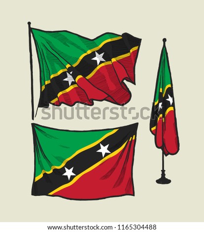 Flag of Saint Kitts and Nevis on the wind and on the wall hand drawn illustration set